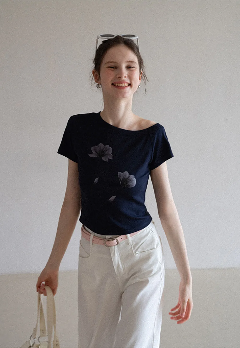 Floral Print Asymmetrical Neck Tee