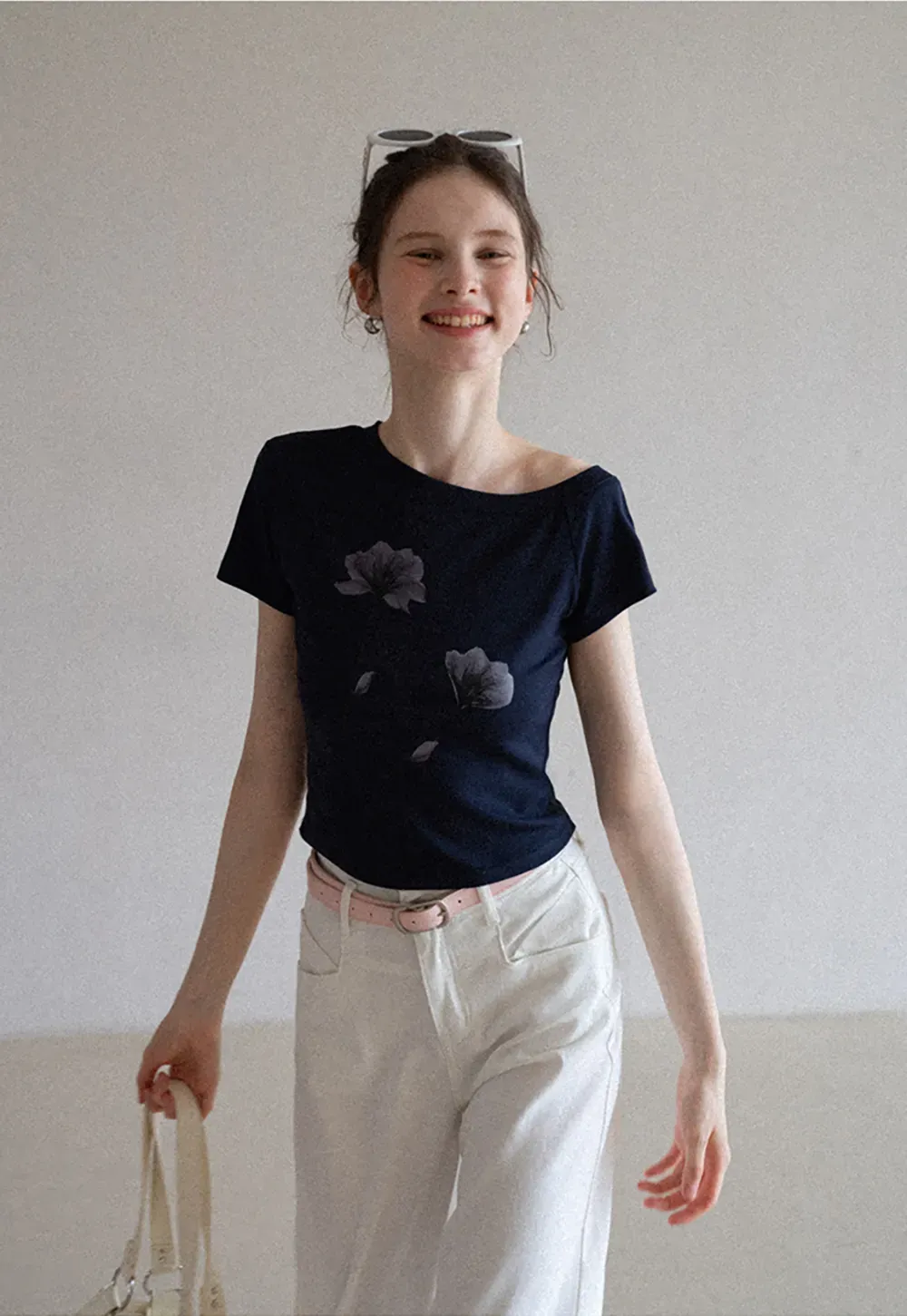 Floral Print Asymmetrical Neck Tee
