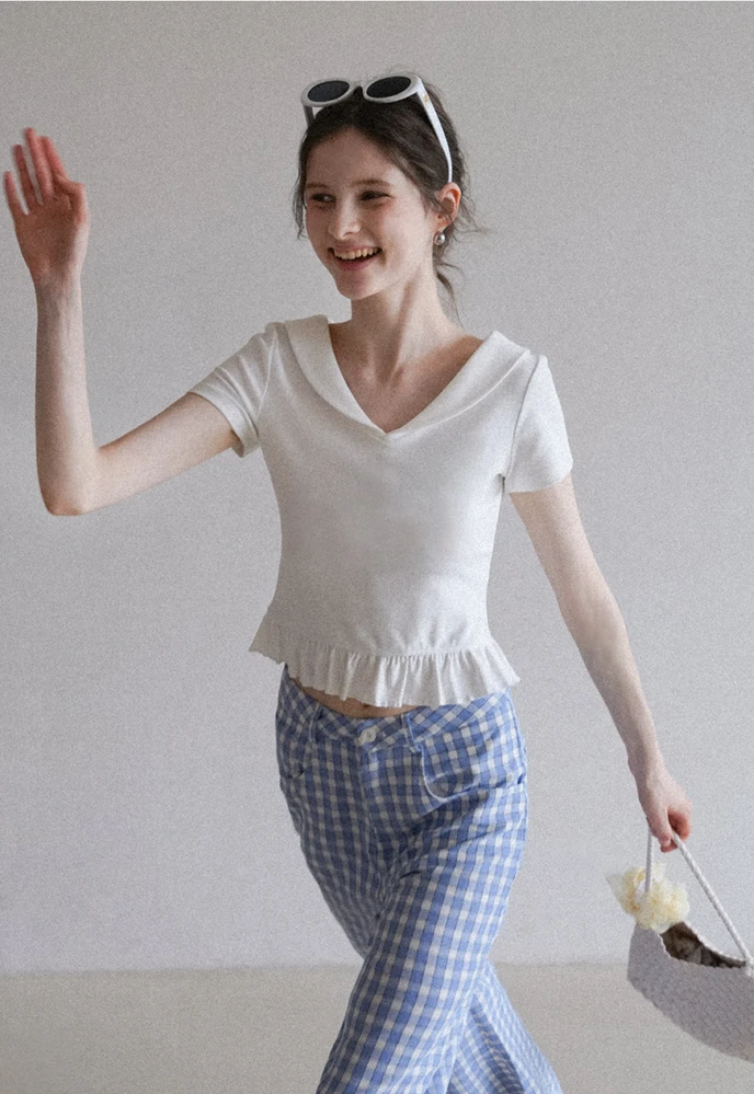 Women’s Sailor Collar Ruffle Hem Short-Sleeve Tee