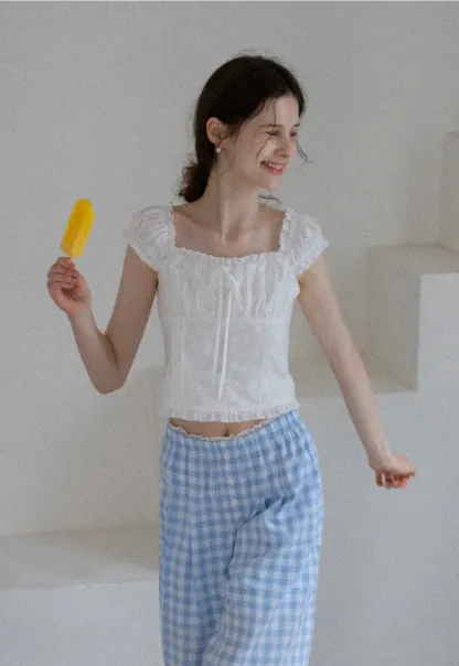 Women's Square Neck Eyelet Crop Top