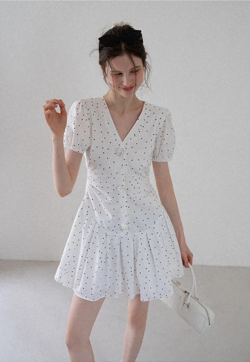 Women’s Polka Dot Ruched Button Mini Dress