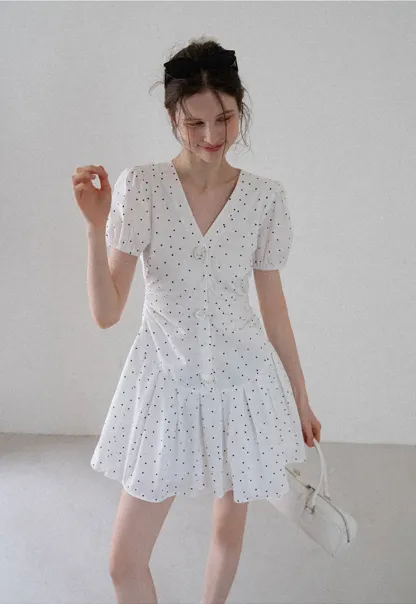 Women’s Polka Dot Ruched Button Mini Dress