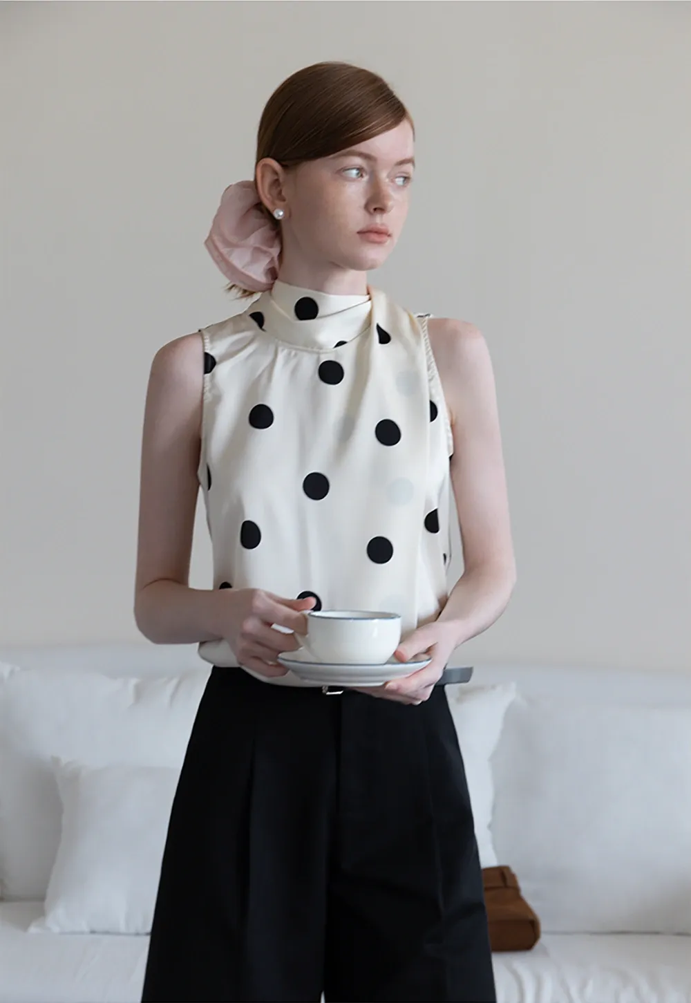 Women's Sleeveless Polka Dot Blouse with Scarf Detail