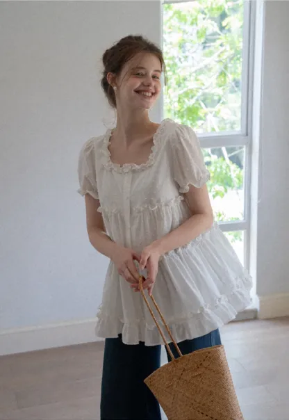 Women’s Square Neck Ruffle Babydoll Blouse