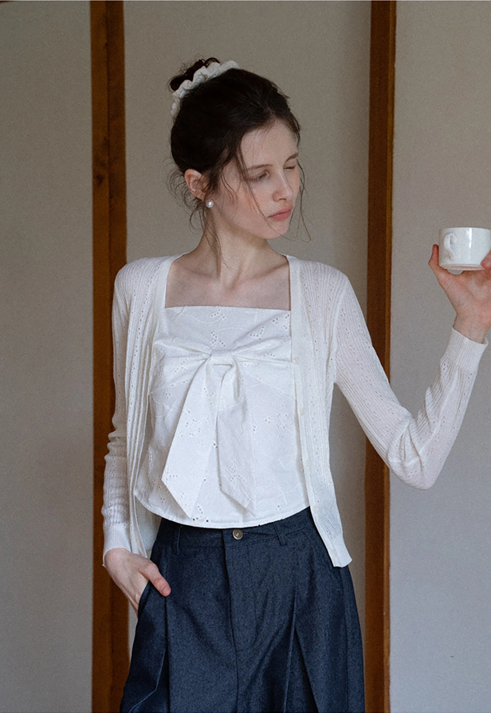 Pointelle Knit V-Neck Cardigan