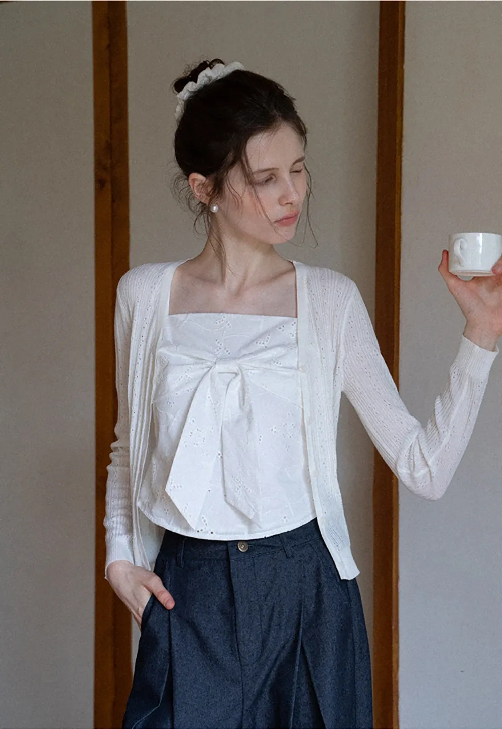 Pointelle Knit V-Neck Cardigan