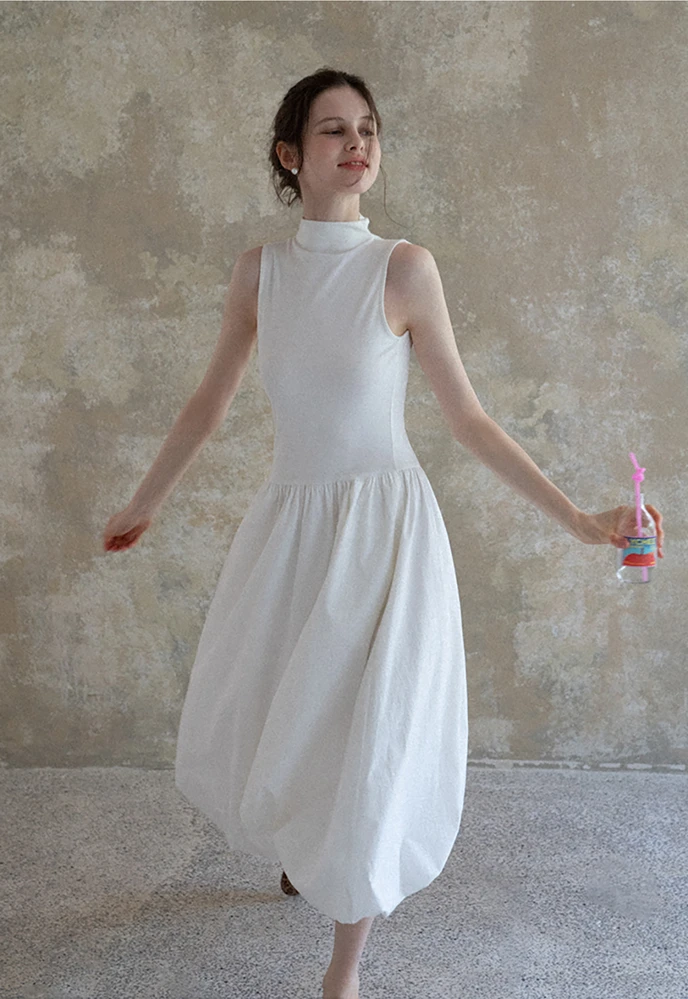 Women Sleeveless High-Neck Bubble Hem Midi Dress