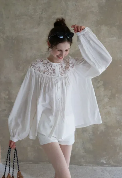 Women Lace Yoke Bishop Sleeve Button Down Blouse