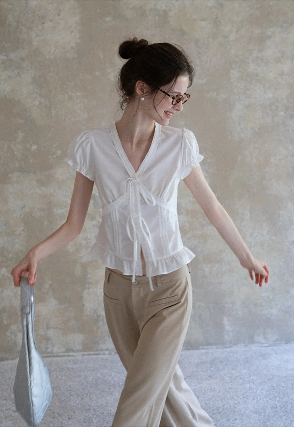 Women's Puff Sleeve Back Tie Blouse with Lace Trim