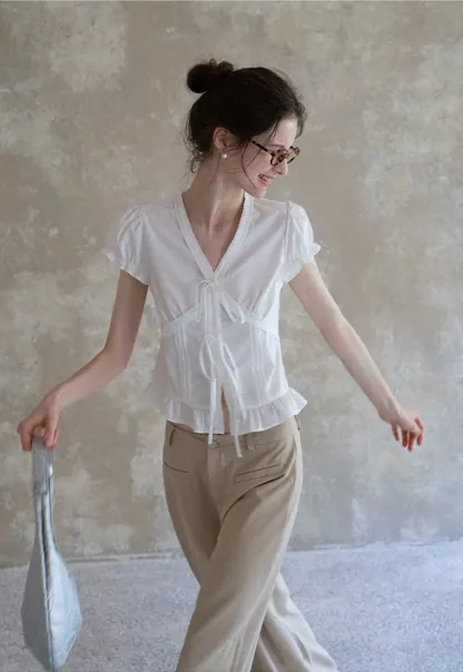 Women's Puff Sleeve Back Tie Blouse with Lace Trim