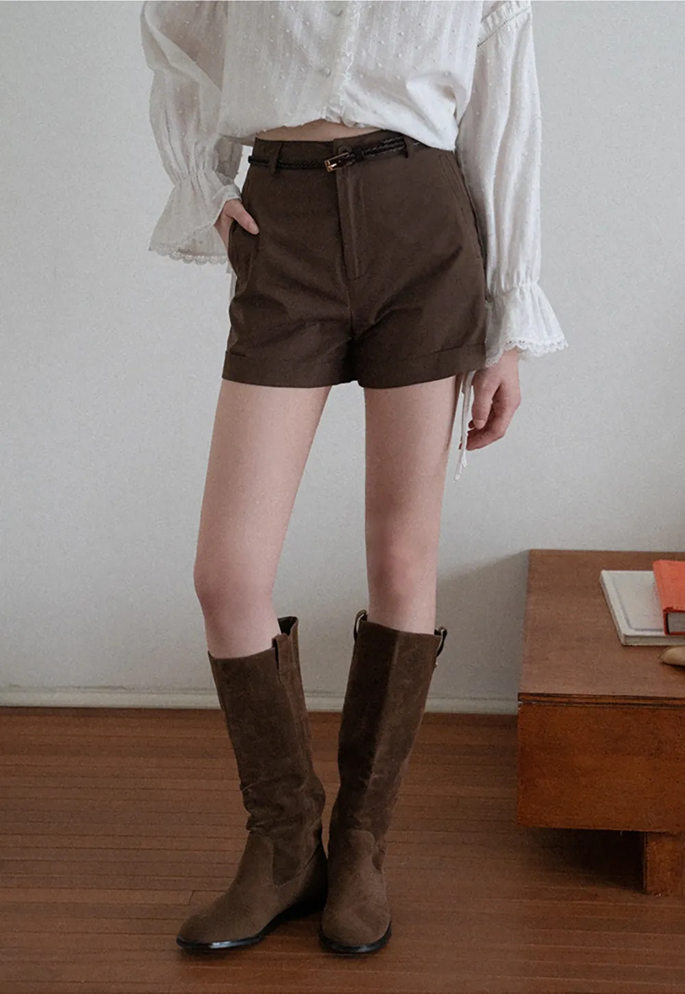 Women High Waist Belted Cuffed Chino Shorts with Pocke