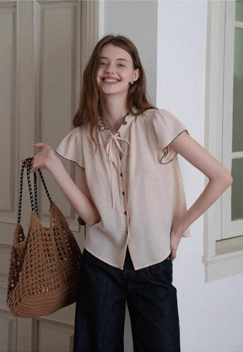 Women Ruffle Tie Neck Flutter Sleeve Button Down Blouse