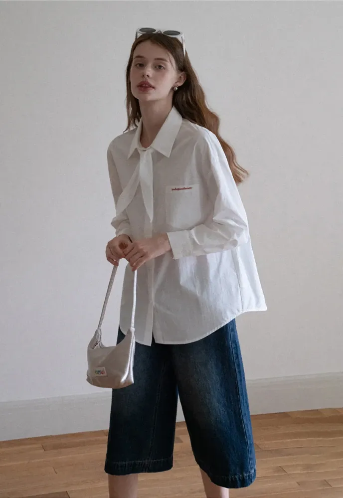 Women Plaid Tie‑Neck Shirt