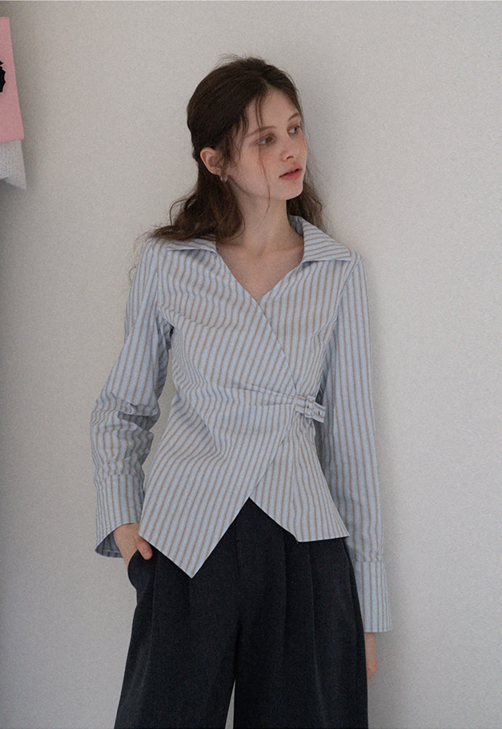 Women's Striped Wrap Shirt with Side Buckle