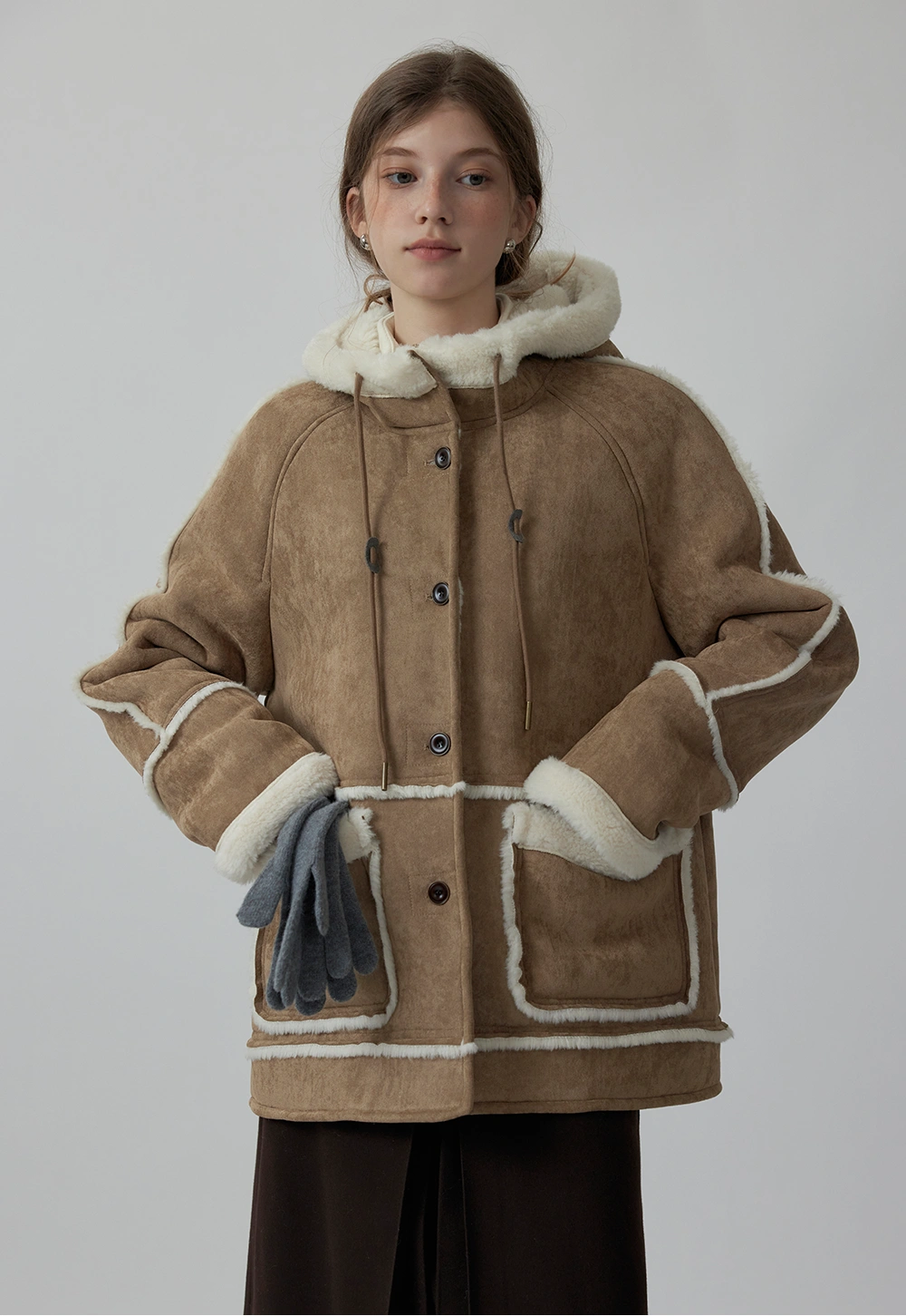 Women's Stand Collar Drawstring Faux Fur Lamb Wool Fleece Jacket