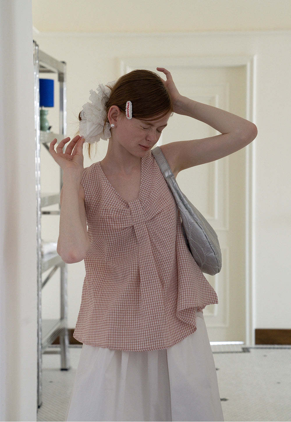 Bow Tie Pleated Textured Plaid Vest Top