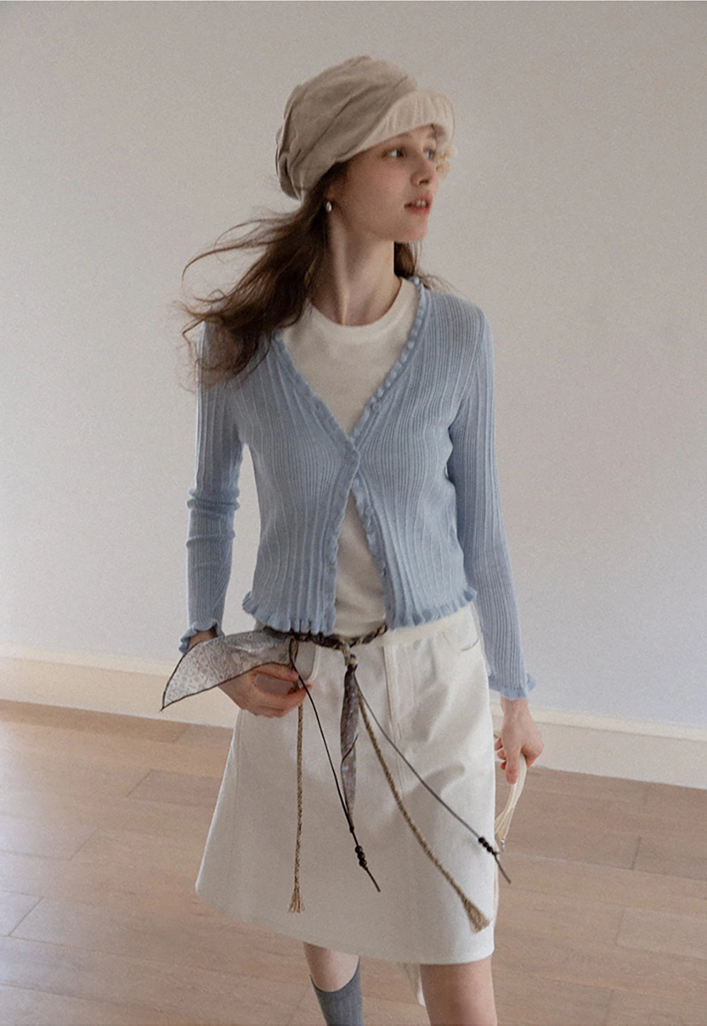 V Neck Ruffle Trim Ribbed Knit Cardigan