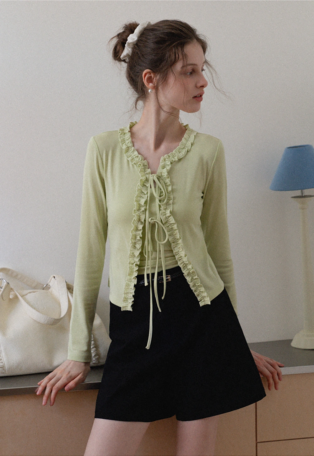 Women's Ruffle Trim Knit Top with Front Tie