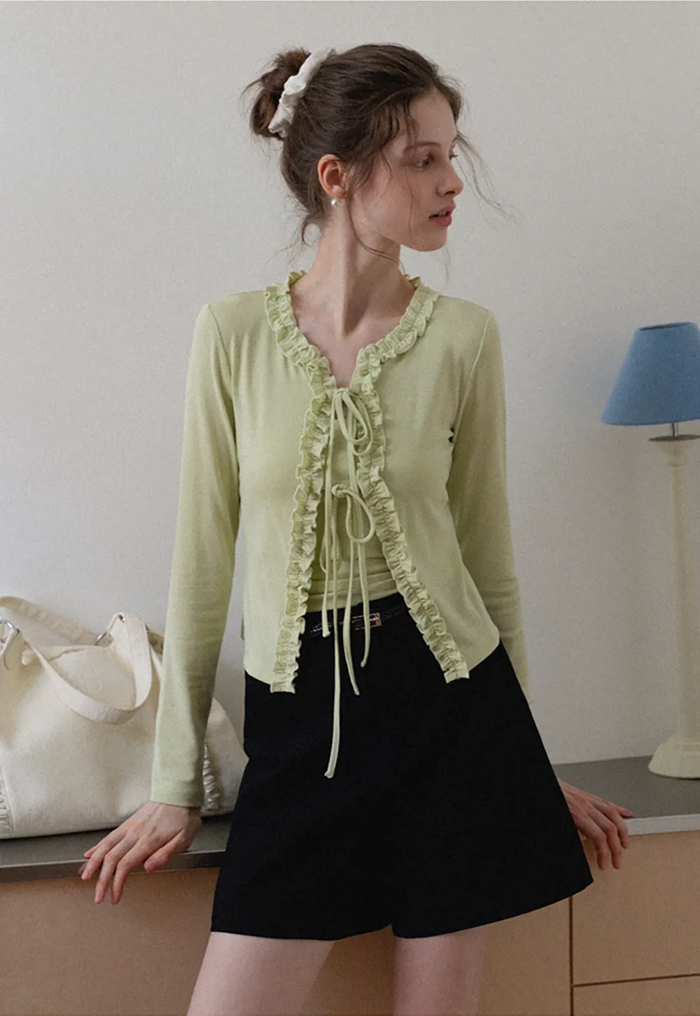 Women's Ruffle Trim Knit Top with Front Tie