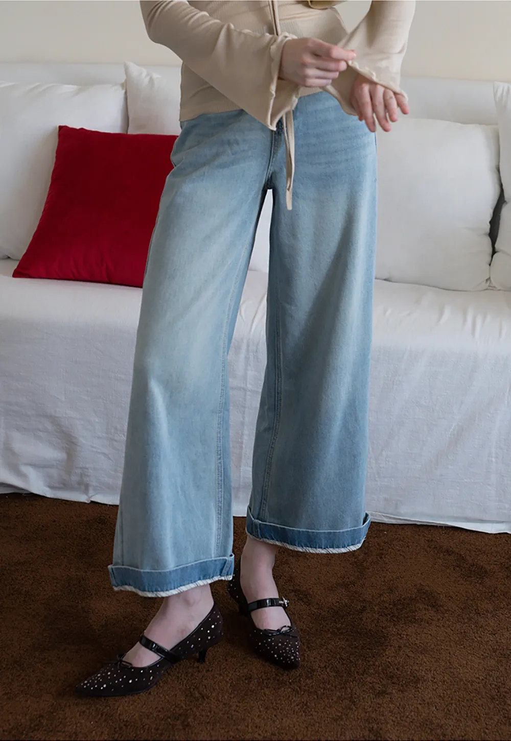 Women's High Waist Wide Leg Cropped Jeans with Belt