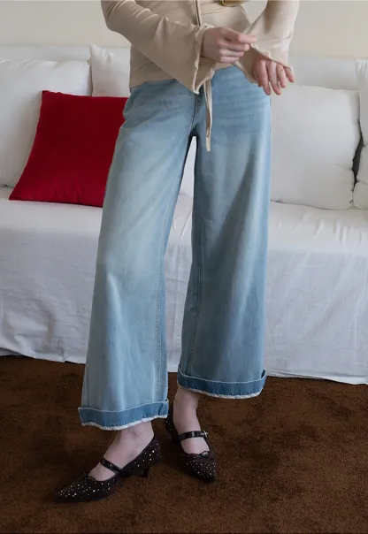 Women's High Waist Wide Leg Cropped Jeans with Belt
