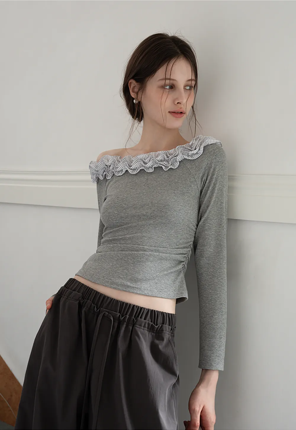 トップス S lace trim off shoulder tops (gray) S lace trim off shoulder tops (gray)