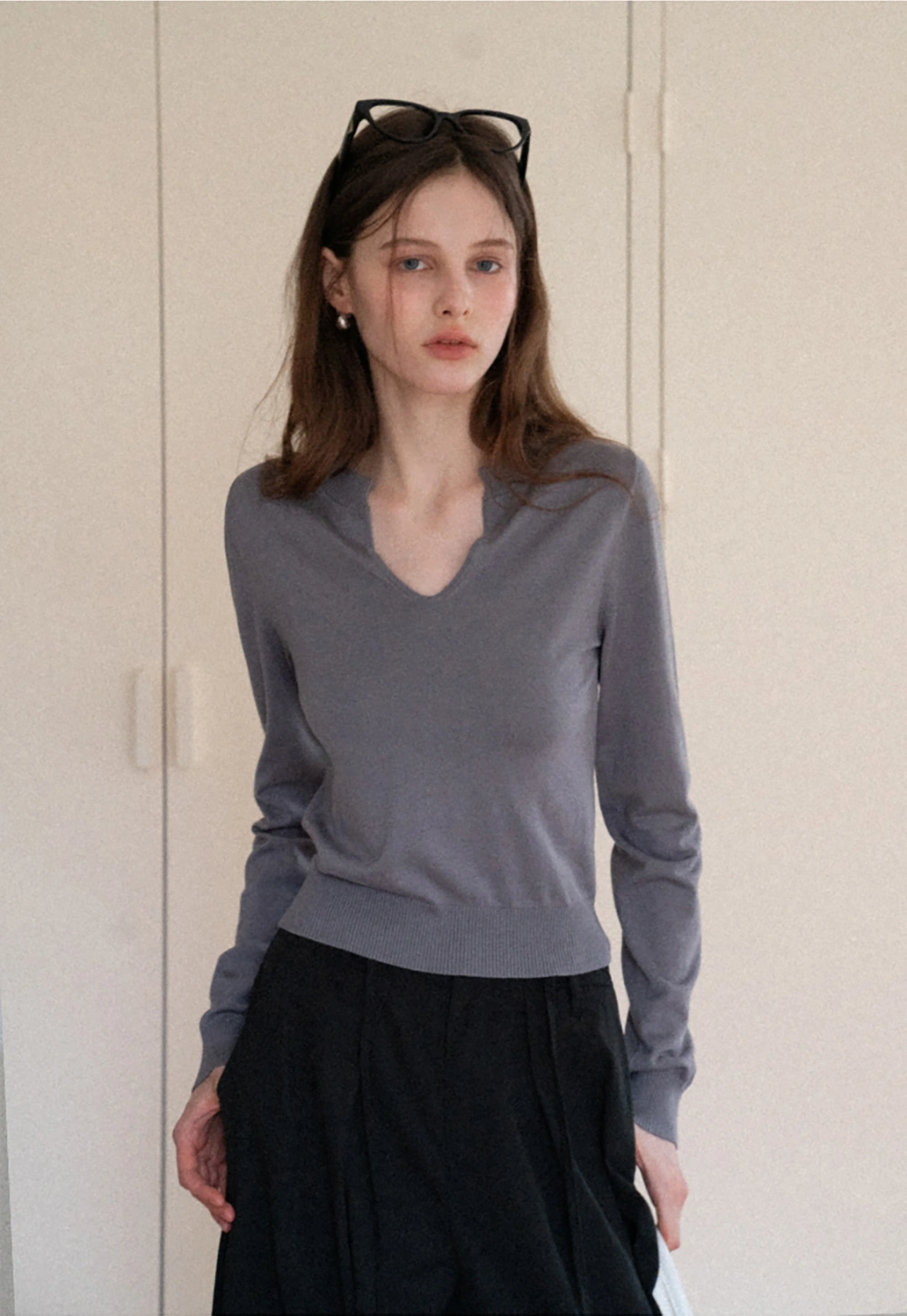 Women's V-Notch Long Sleeve Knit Top