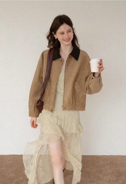 Women's Contrast Collar Faux-Suede Bomber Jacket