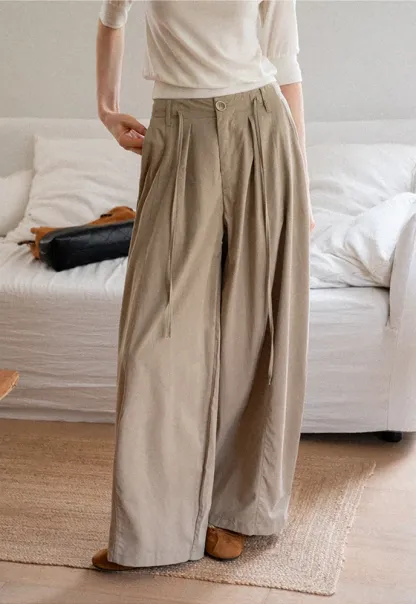 Tie-Waist Pleated Wide-Leg Pants