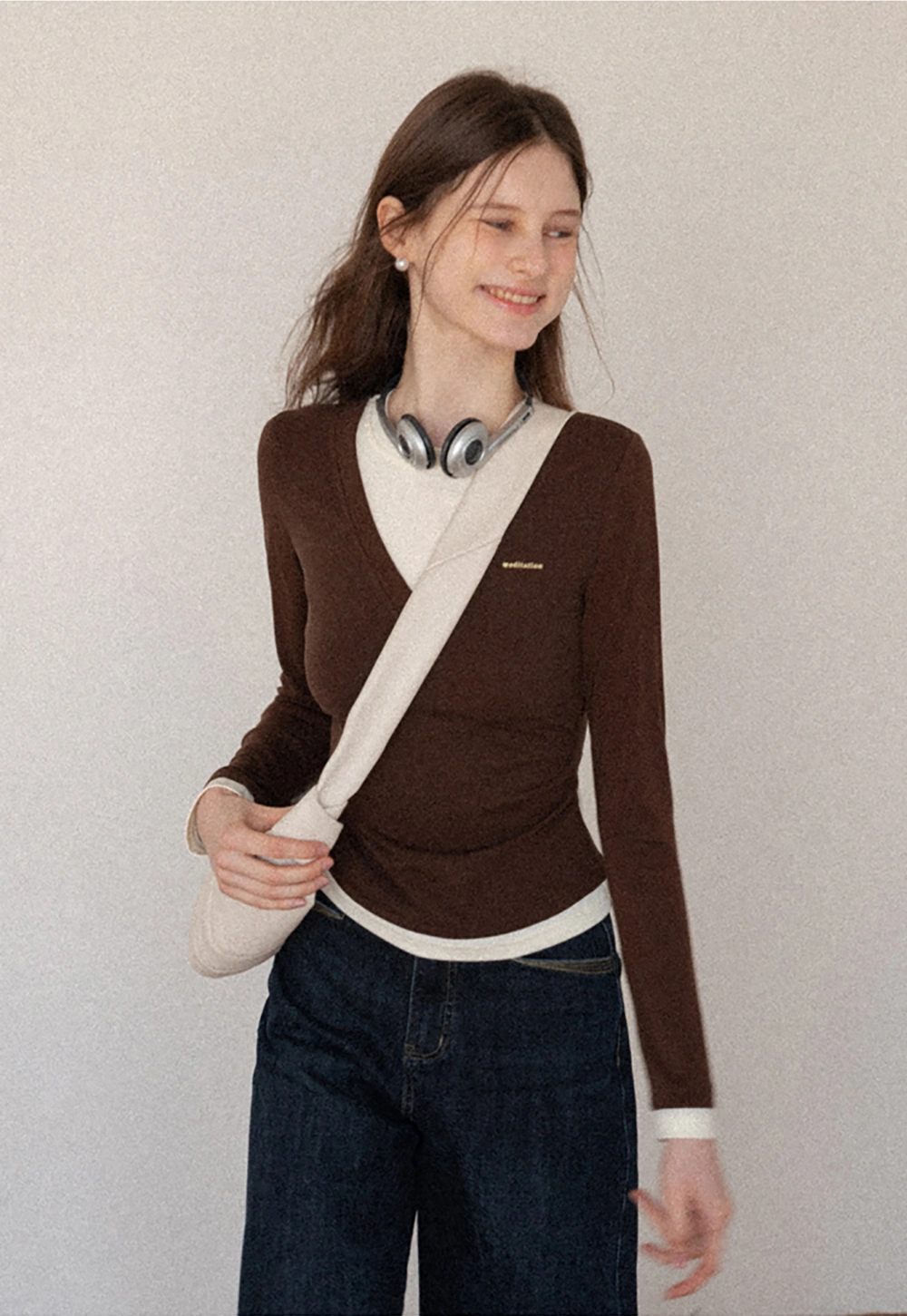 Women's Layered V-Neck Ruched Long Sleeve Top