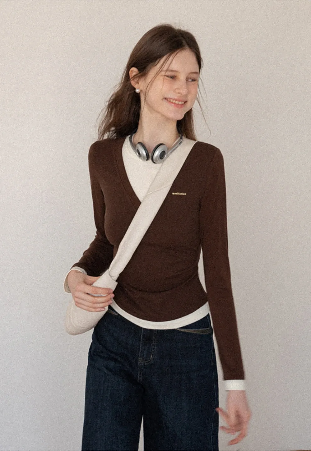 Women's Layered V-Neck Ruched Long Sleeve Top