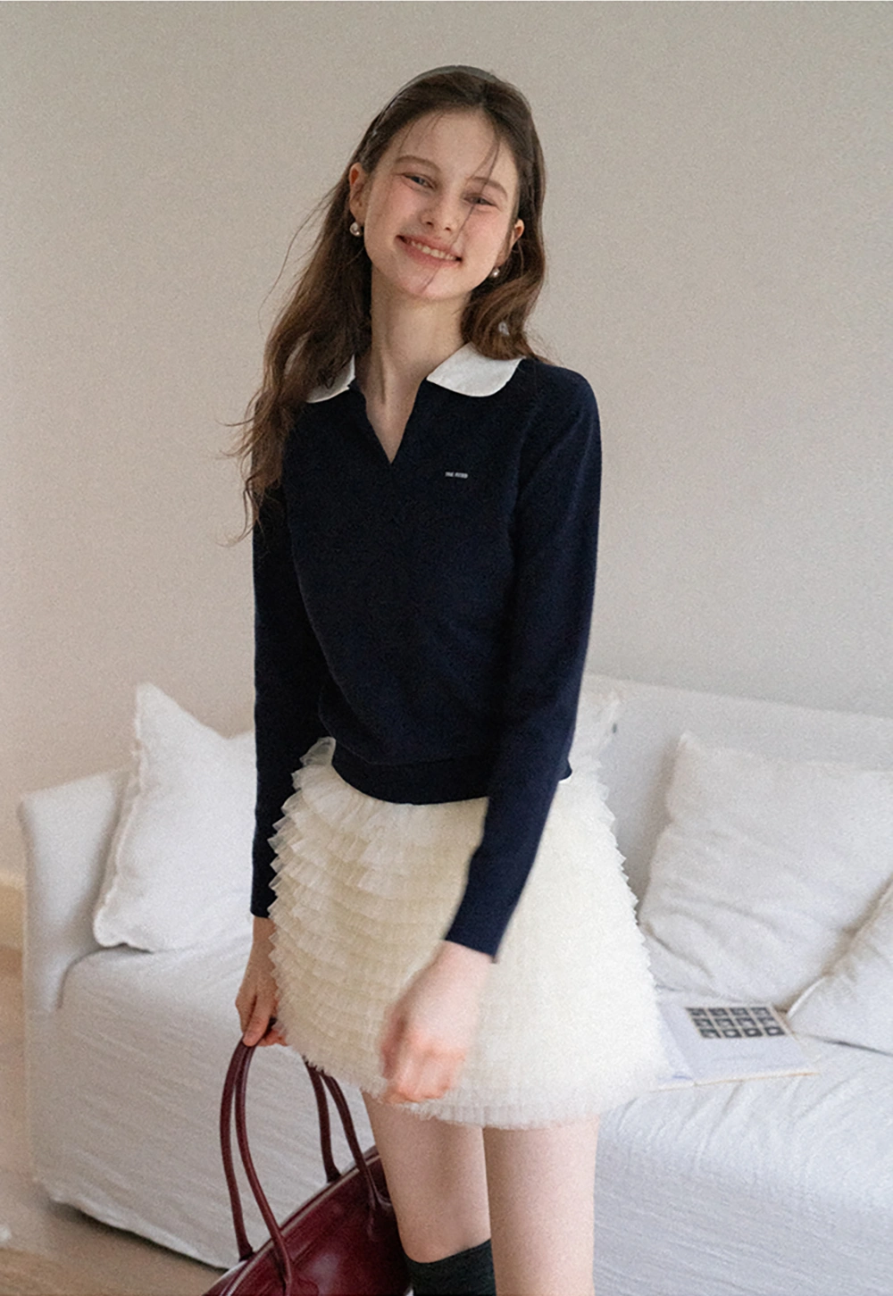 Women'sContrast Collar Long Sleeve Polo Top