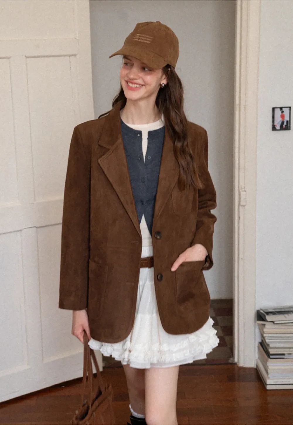 Faux Suede Blazer Jacket for Women with Pockets