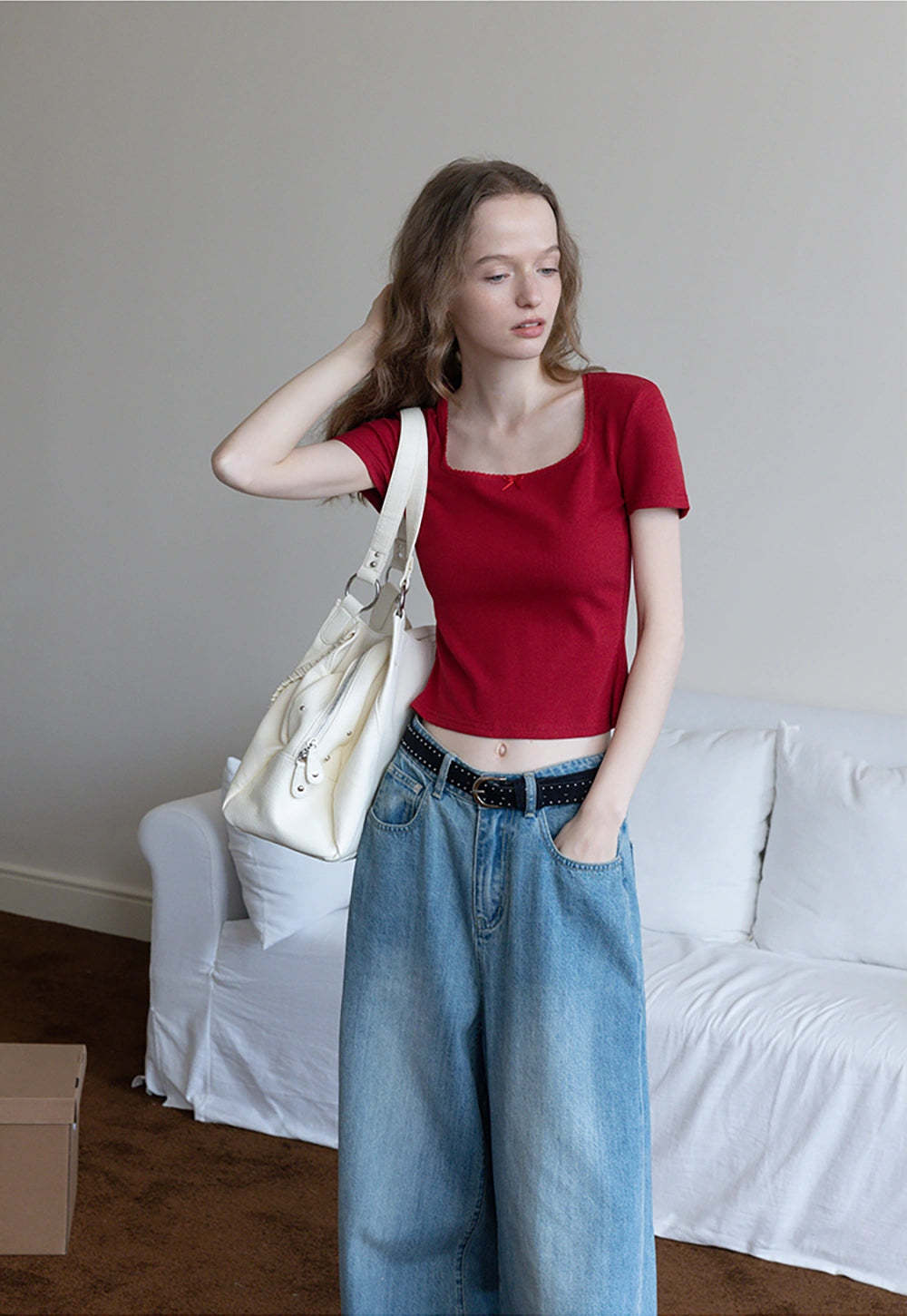 Square Neck Ribbed Tee with Bow Detail