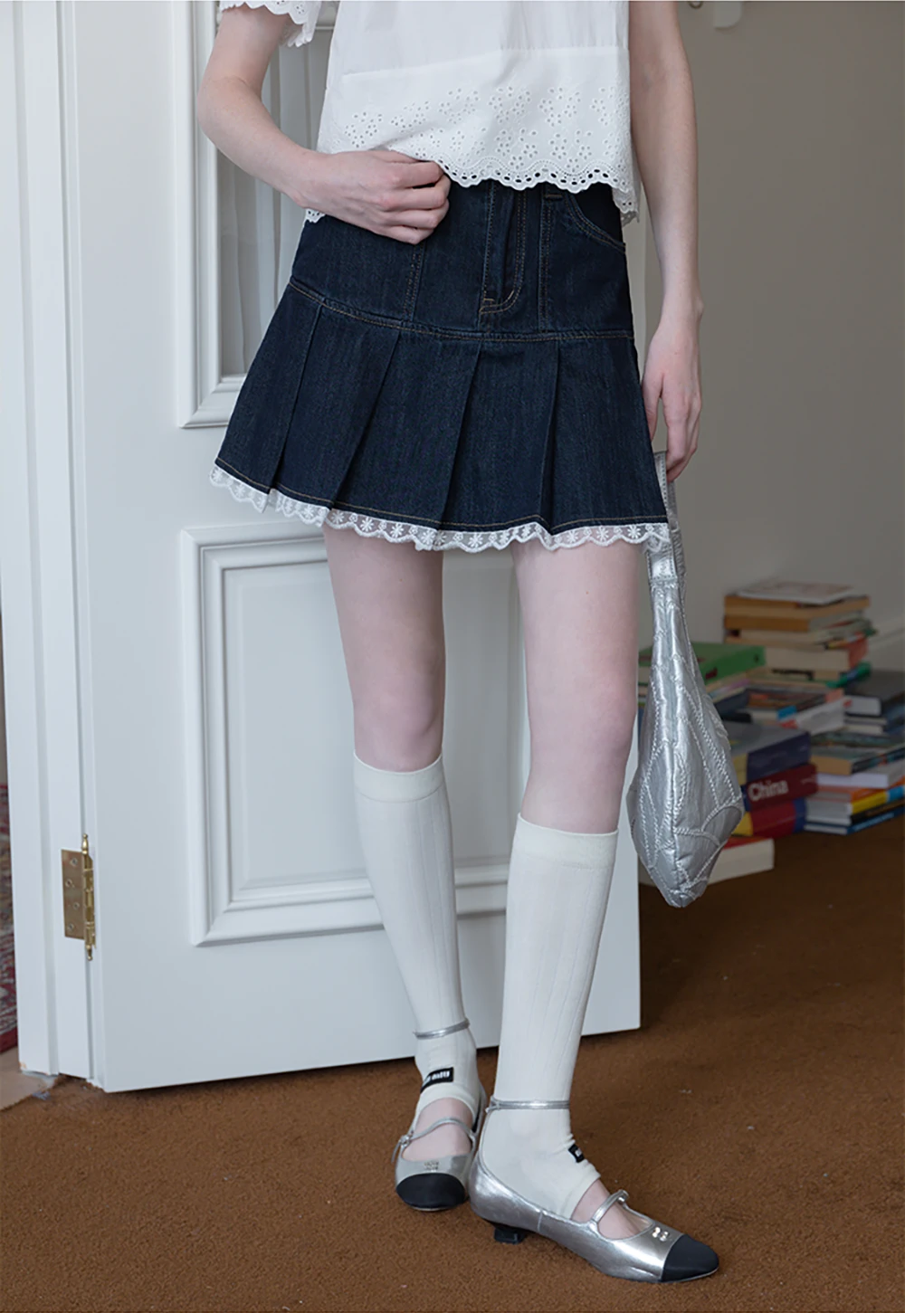 Women’s Pleated Denim Mini Skirt with Lace Trim