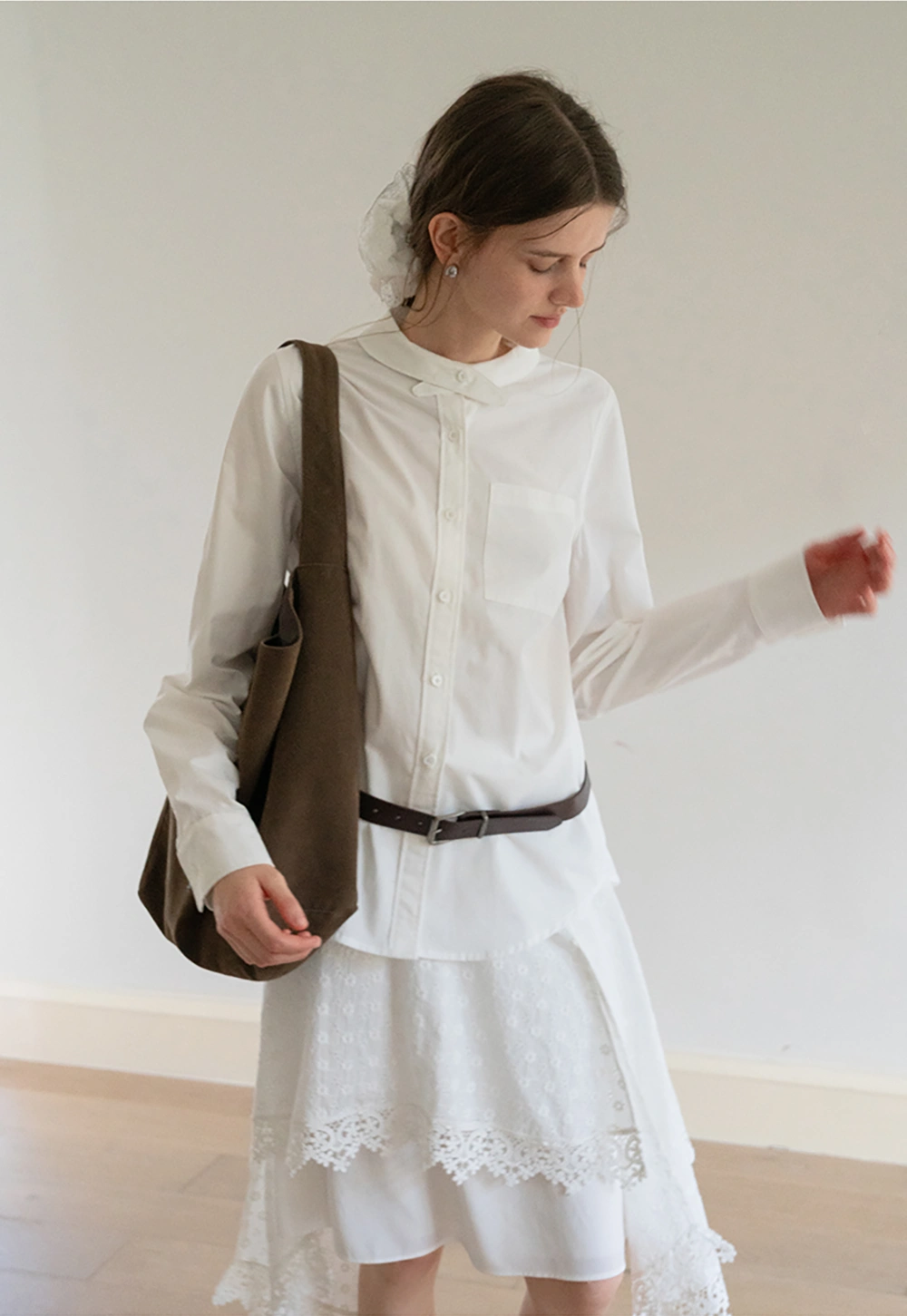 Womens Gingham Bow-Collar Long Sleeve Shirt