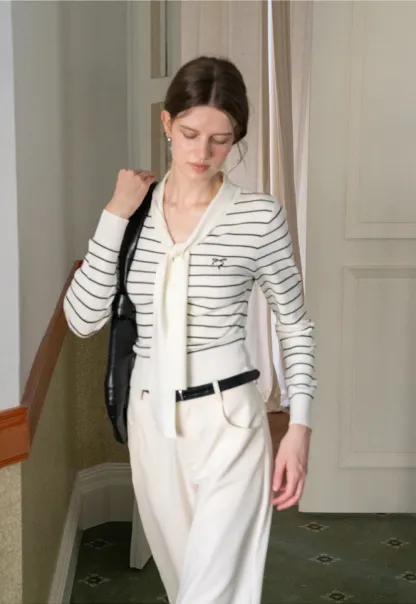 Womens Casual Striped Bow Knot Sweater