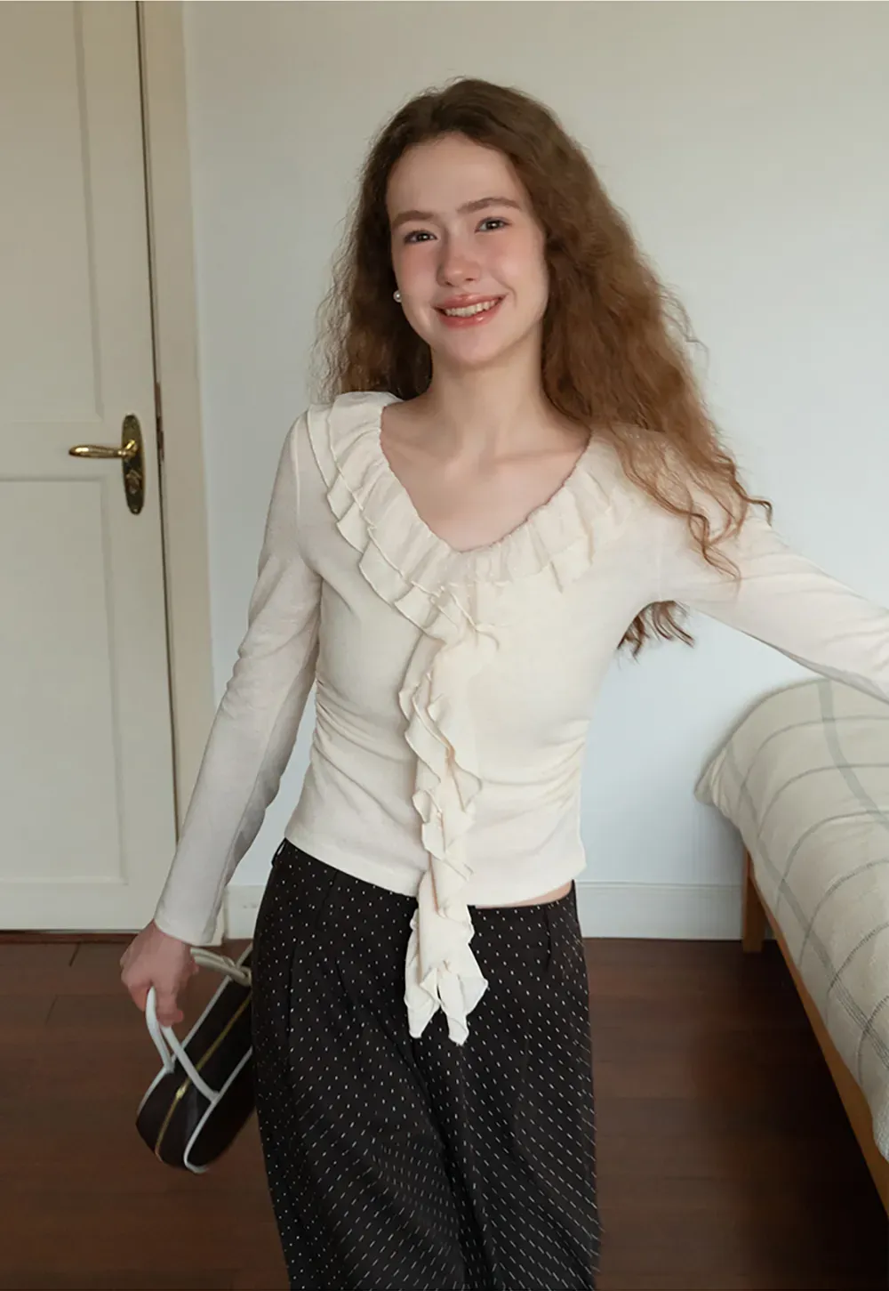 Ruffled V-Neck Long Sleeve Top