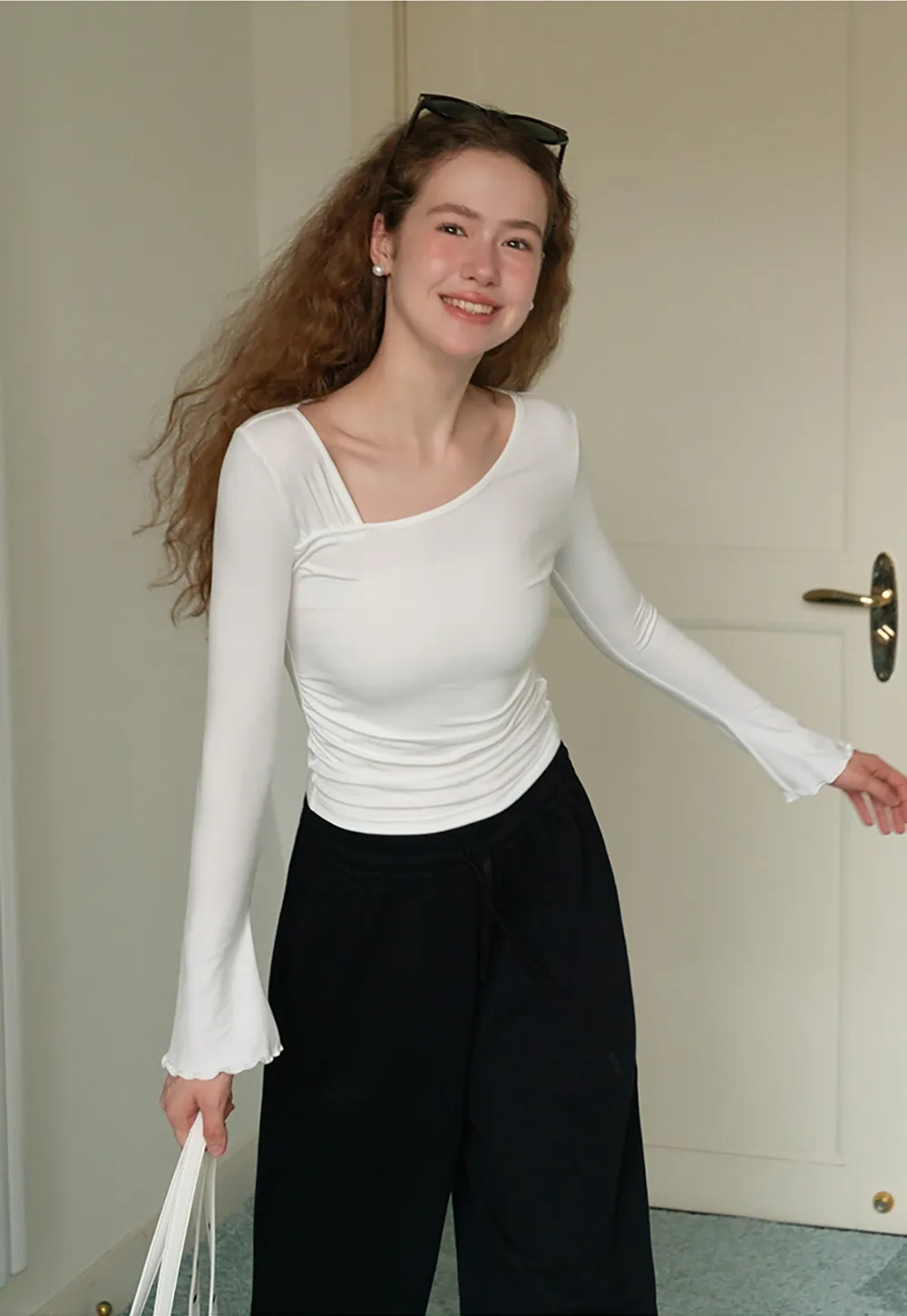 Womens Asymmetrical Neck Slim Fit Long Sleeve Top