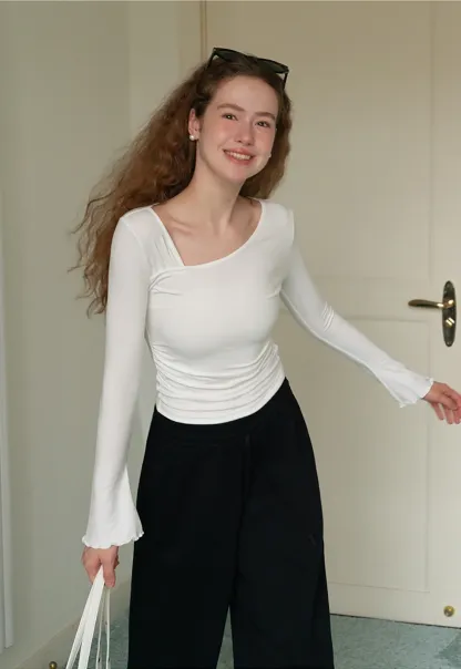 Womens Asymmetrical Neck Slim Fit Long Sleeve Top