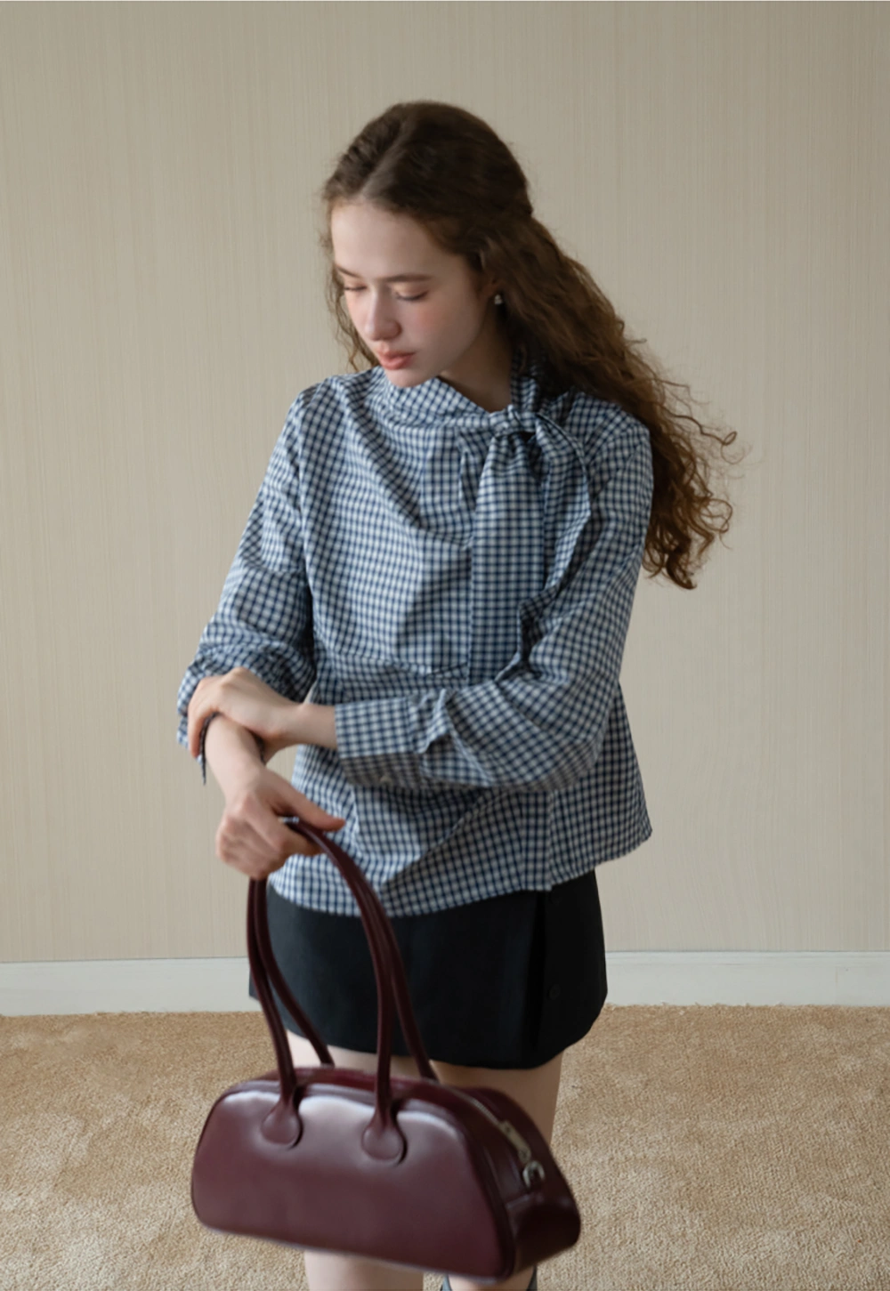 Womens Gingham Bow Tie Blouse Long Sleeve Shirt