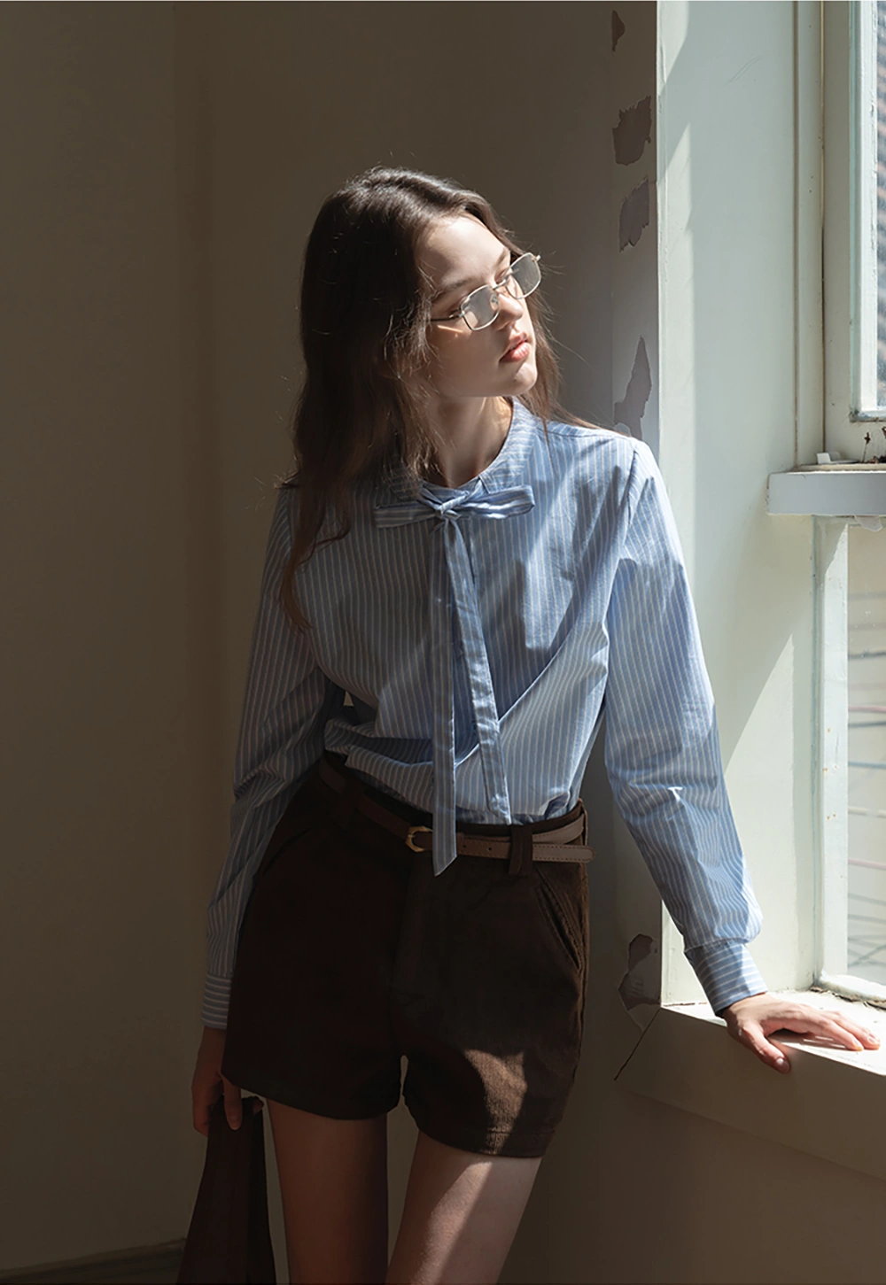 Striped Bow Tie Neck Long Sleeve Blouse