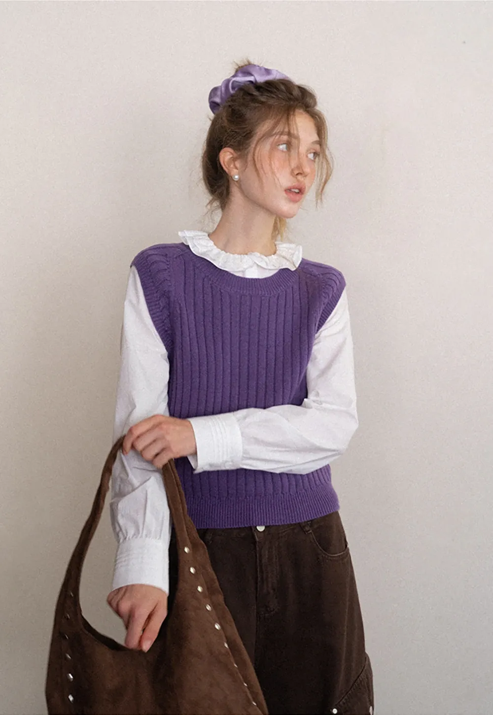 Womens Solid Color Ribbed Sweater Vest