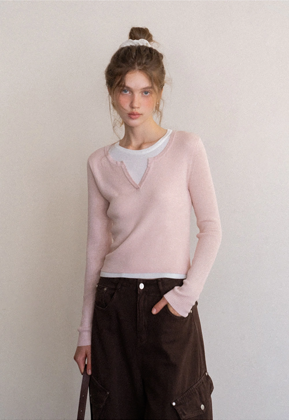 Contrast Layered Knit Long Sleeve Top