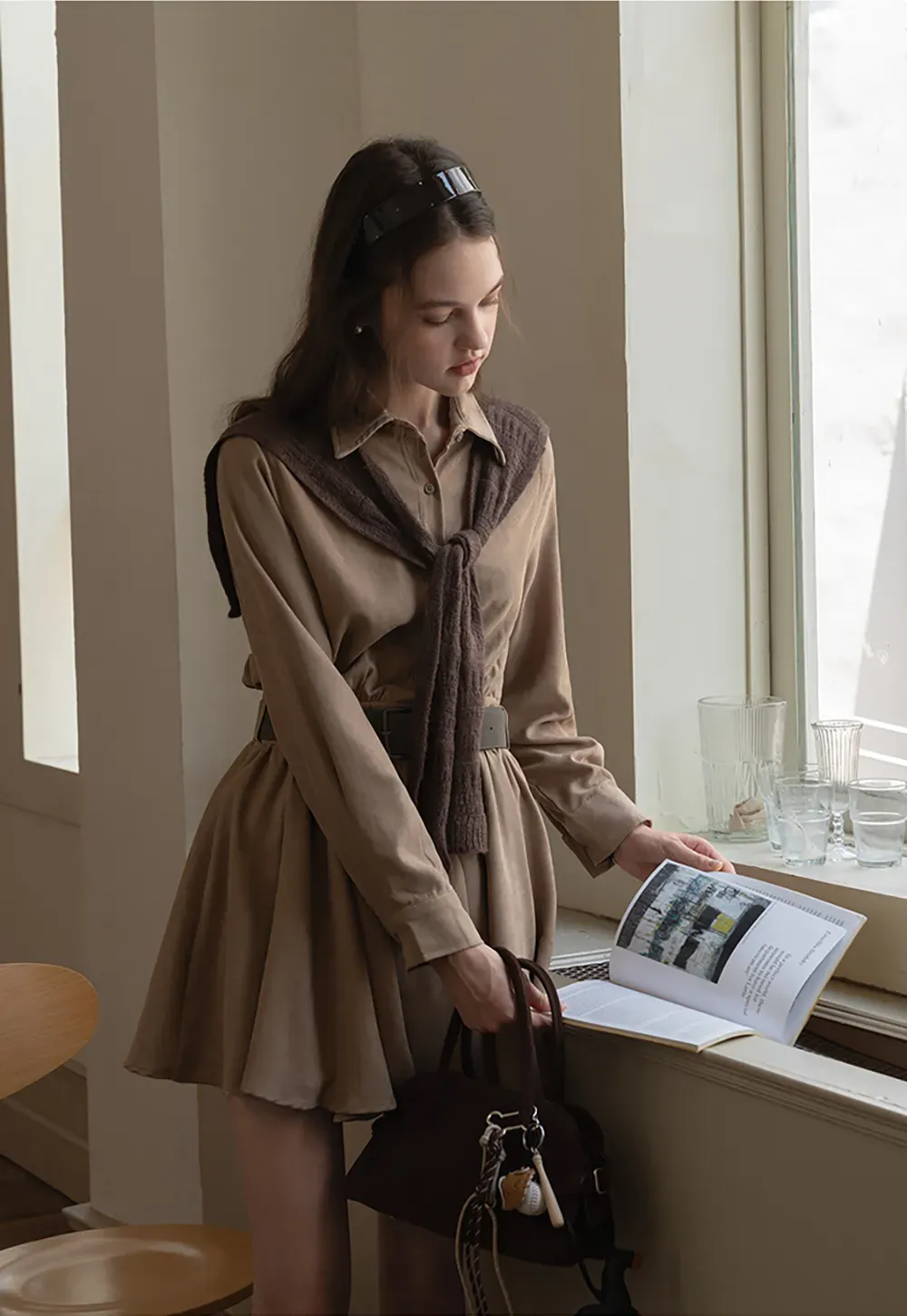 Belted Shirt Dress with Knit Scarf