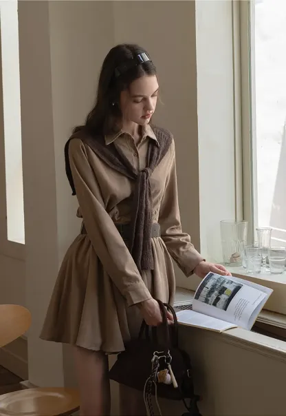 Belted Shirt Dress with Knit Scarf