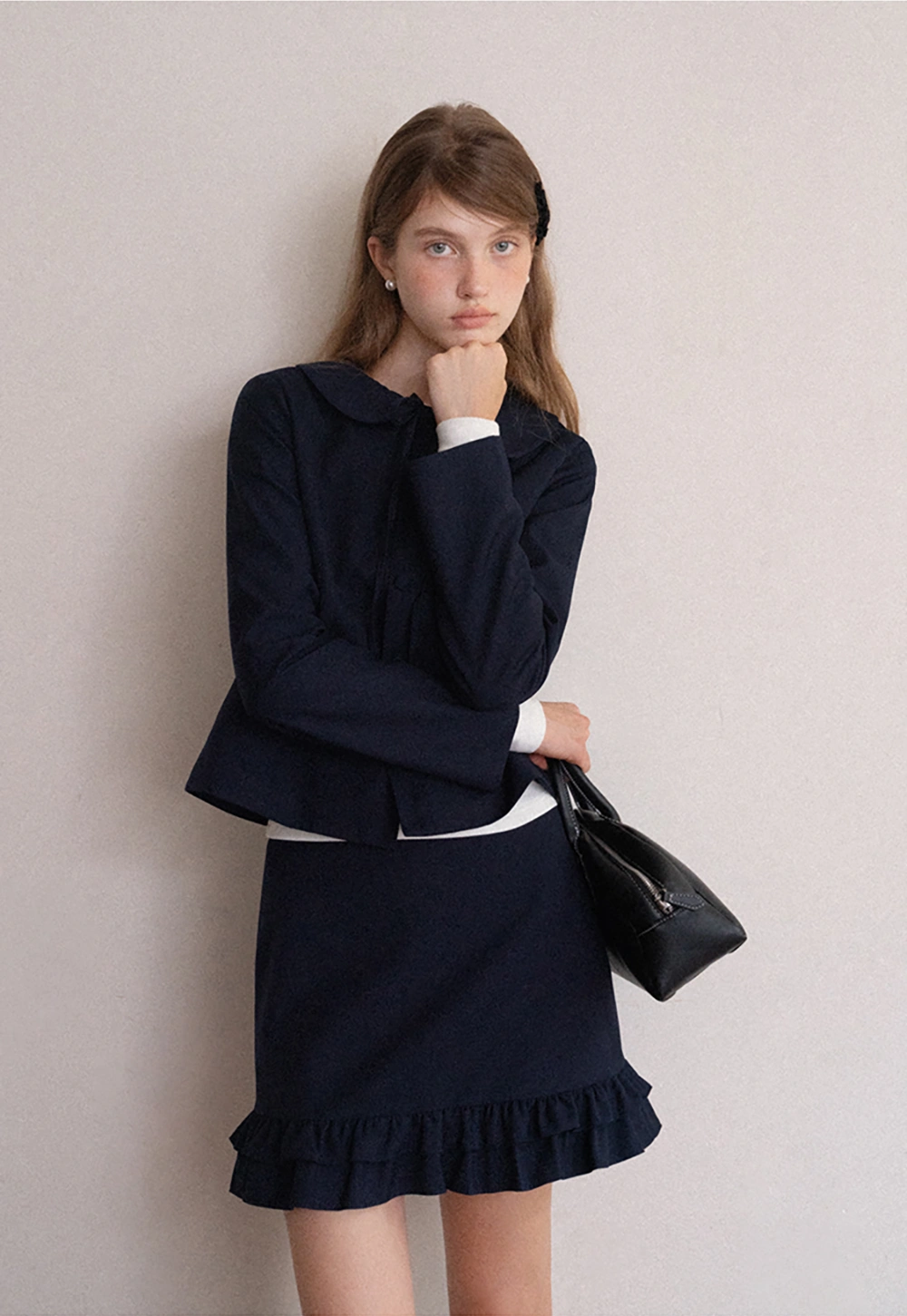 Womens Peter Pan Collar Jacket and Ruffle Hem Skirt Set