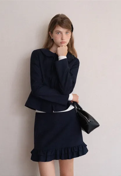 Womens Peter Pan Collar Jacket and Ruffle Hem Skirt Set