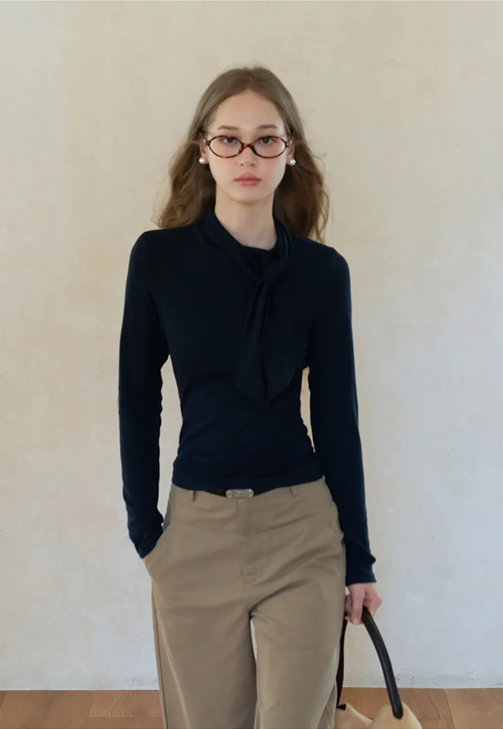 Womens Long Sleeve Tie Neck Tee