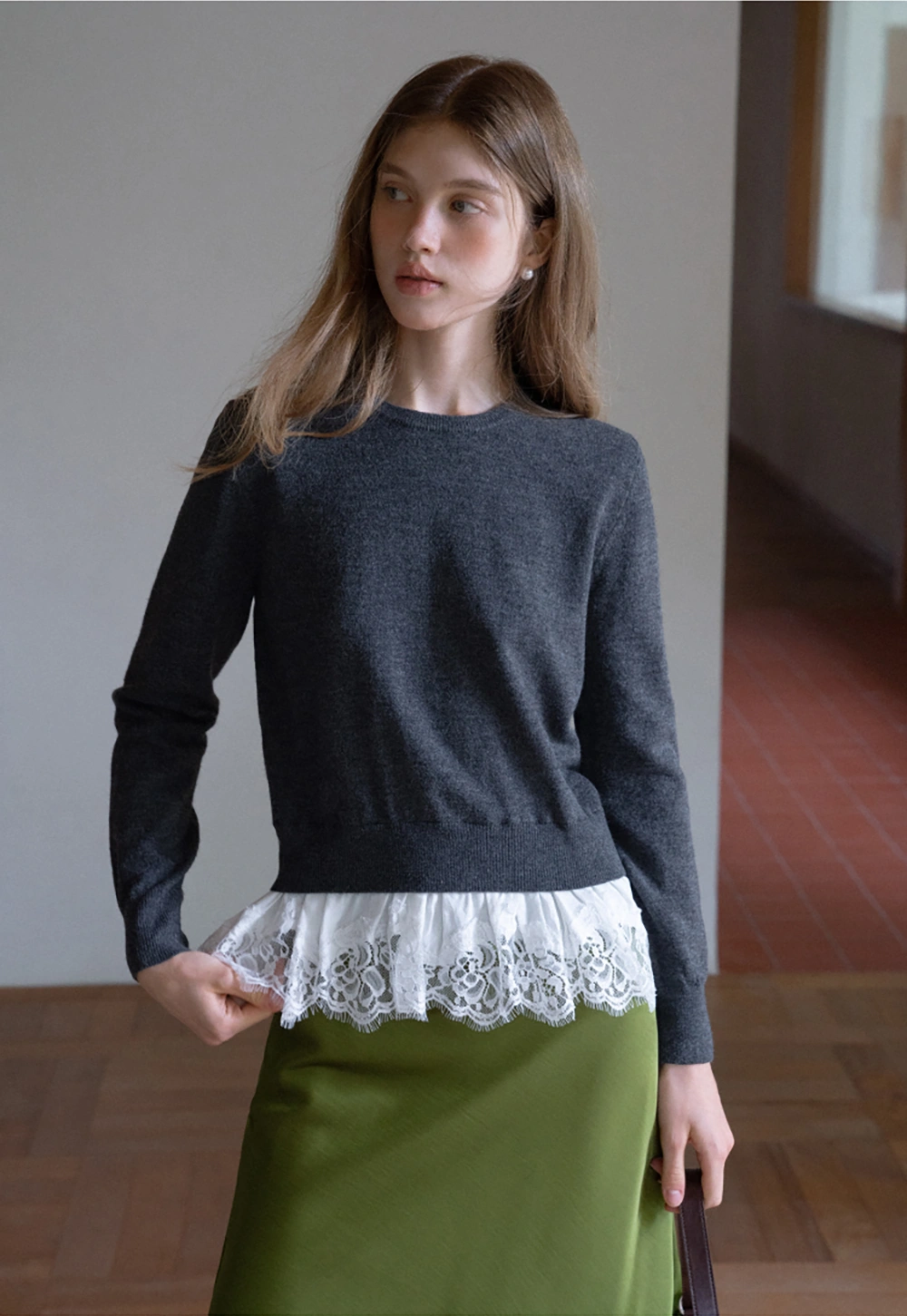 Womens Knit Sweater with Lace Hem
